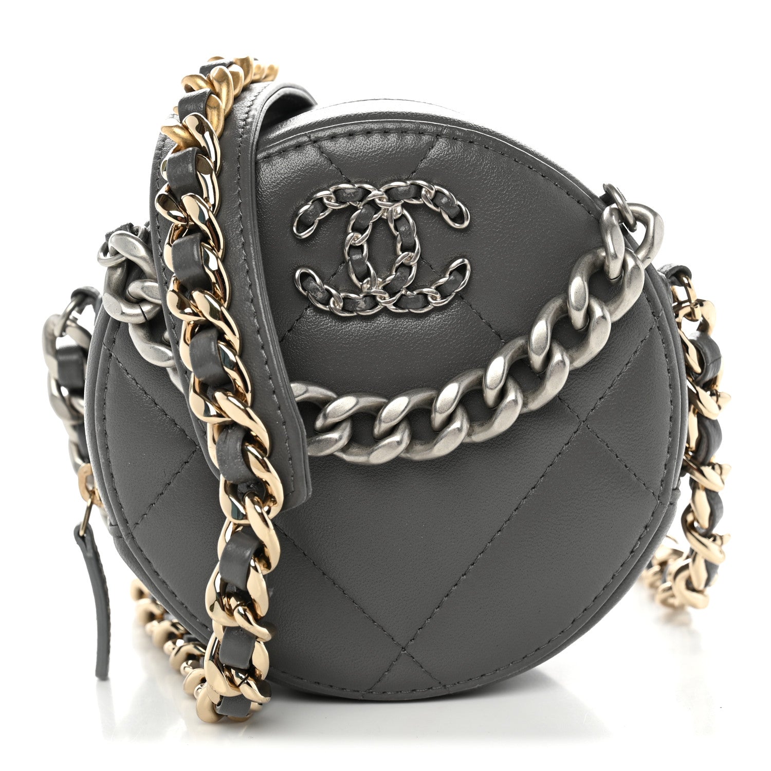 Chanel Lambskin Quilted Chanel 19 Round Clutch With Chain Grey 1 of 10