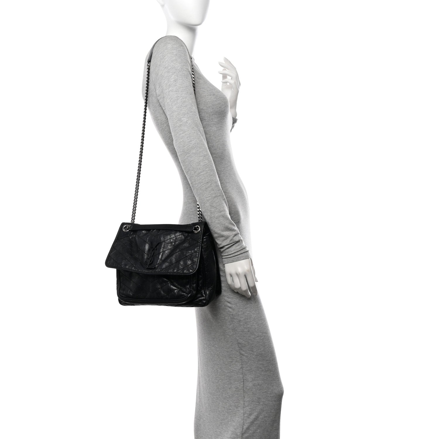 Saint Laurent Crinkled Calfskin Matelasse Monogram Medium Niki Chain Satchel Black 2 of 10