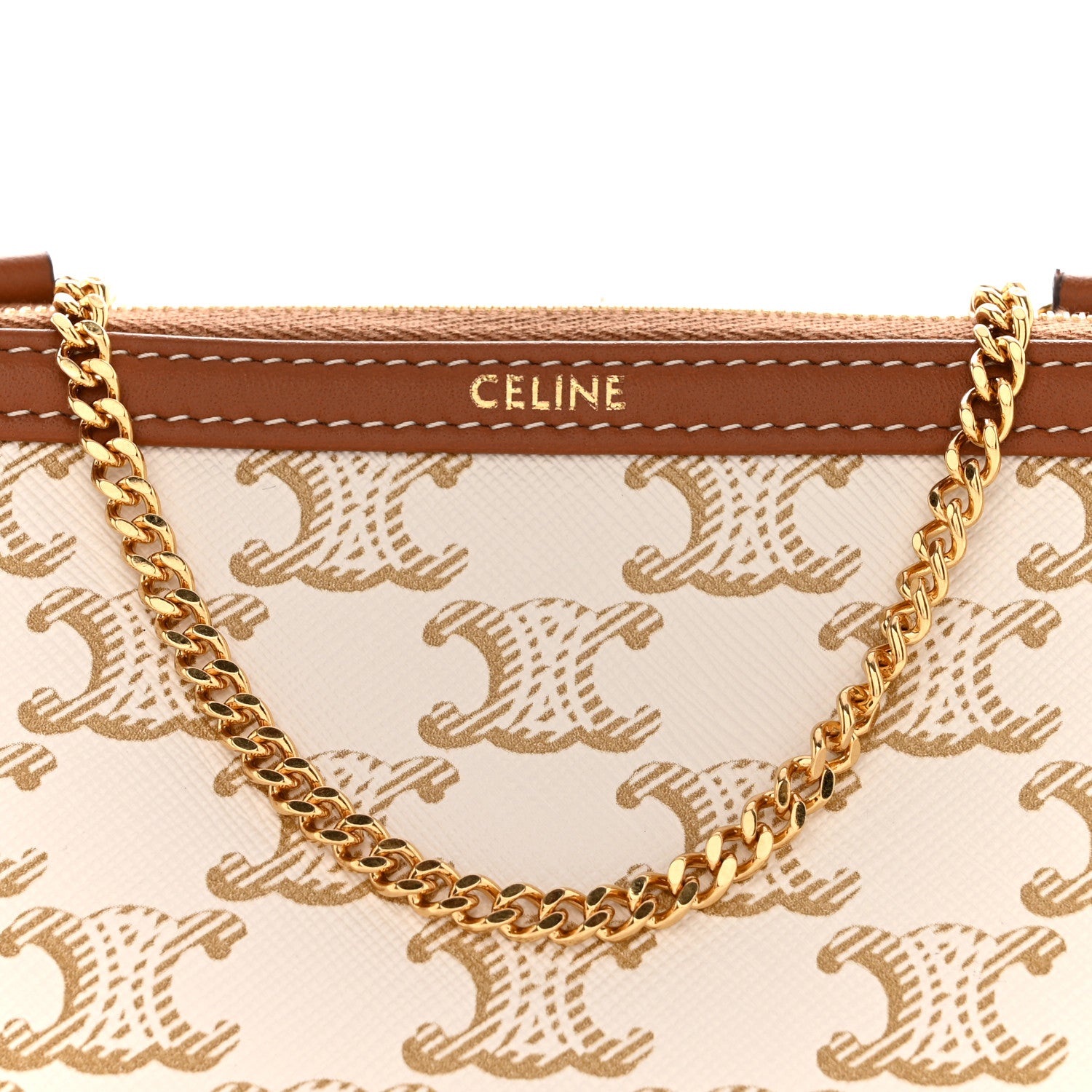 Celine Lambskin Triomphe Canvas Clutch With Chain White Tan 8 of 12