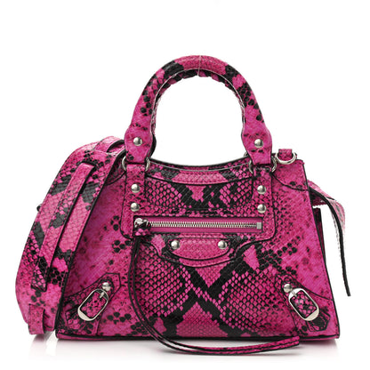 Balenciaga Calfskin Python Effect Neo Classic Silver Hardware Mini City Fuchsia Black 1 of 10