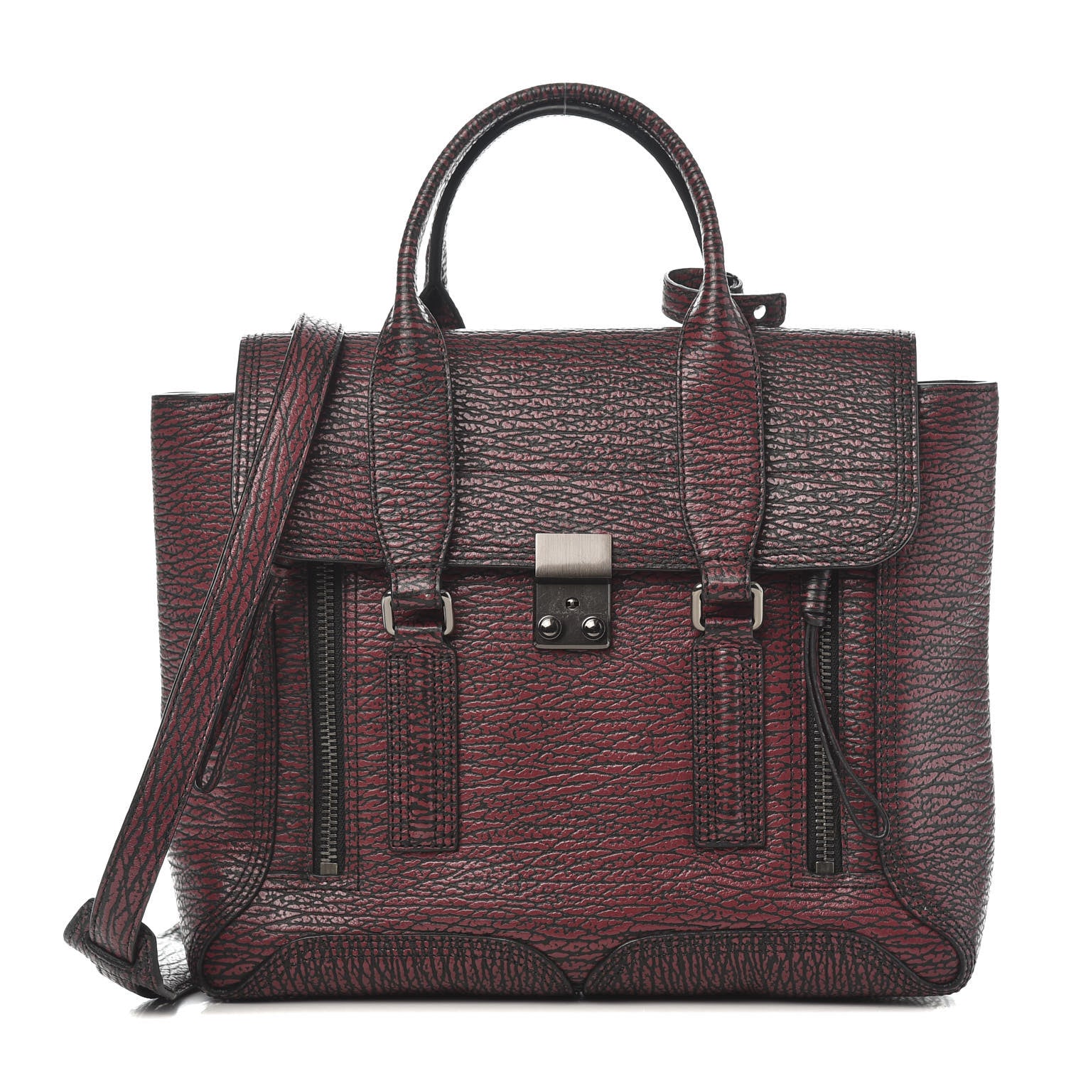 3.1 Phillip Lim 3.1 Textured Calfskin Medium Pashli Satchel Black Red 1 of 9