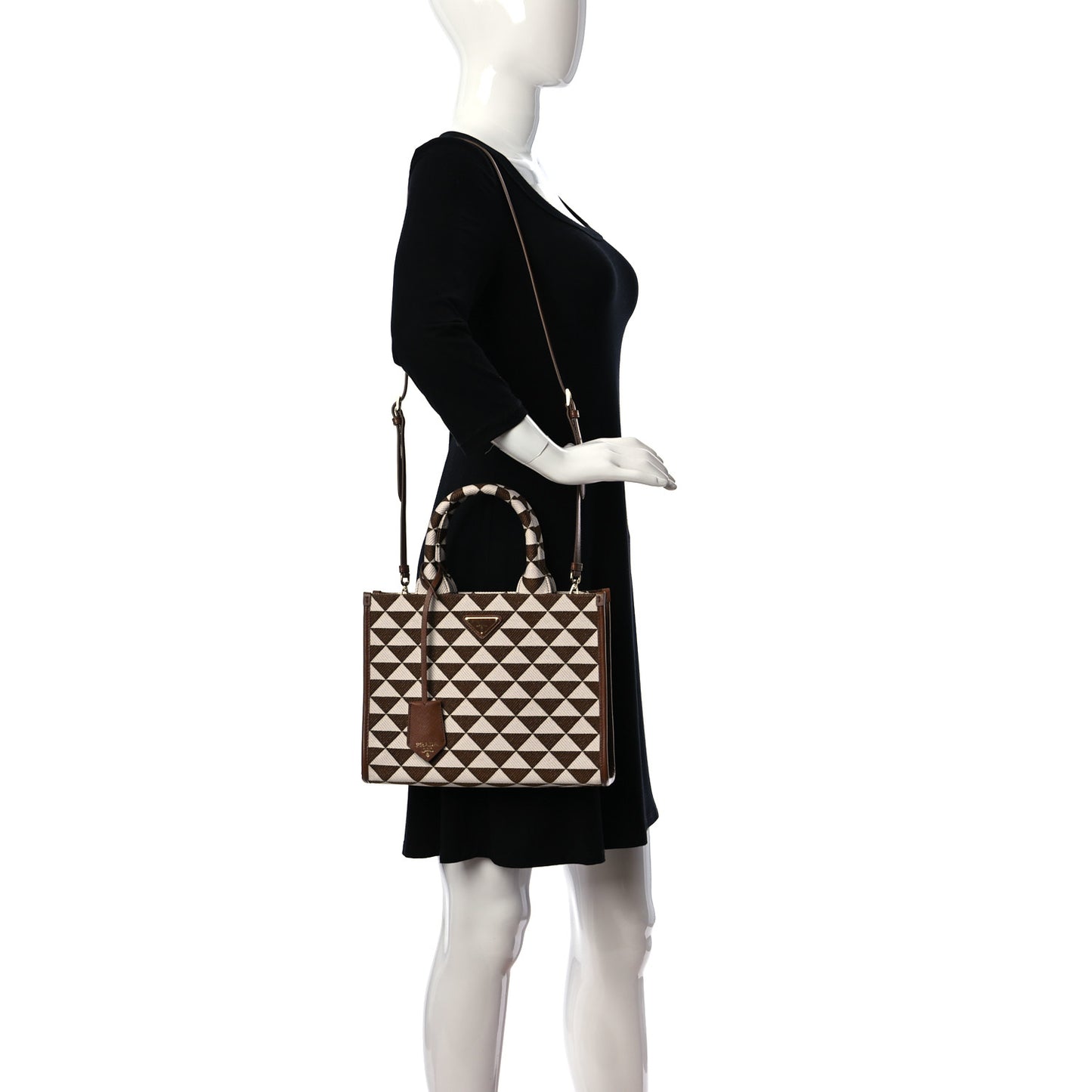Jacquard Saffiano Triangolo Symbole Embroidered Small Tote Tobacco Talco