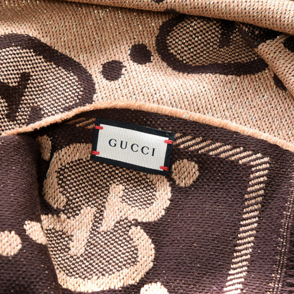 Gucci Wool Lame Jacquard Monogram Jumbo GG Lady Nest Lux Scarf Beige Dark Brown 3 of 4