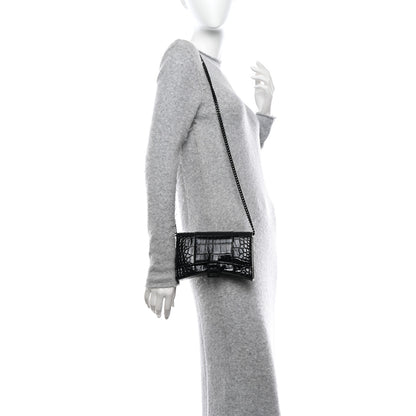 Balenciaga Shiny Calfskin Monochrome Crocodile Embossed Hourglass Chain Bag Black 2 of 11