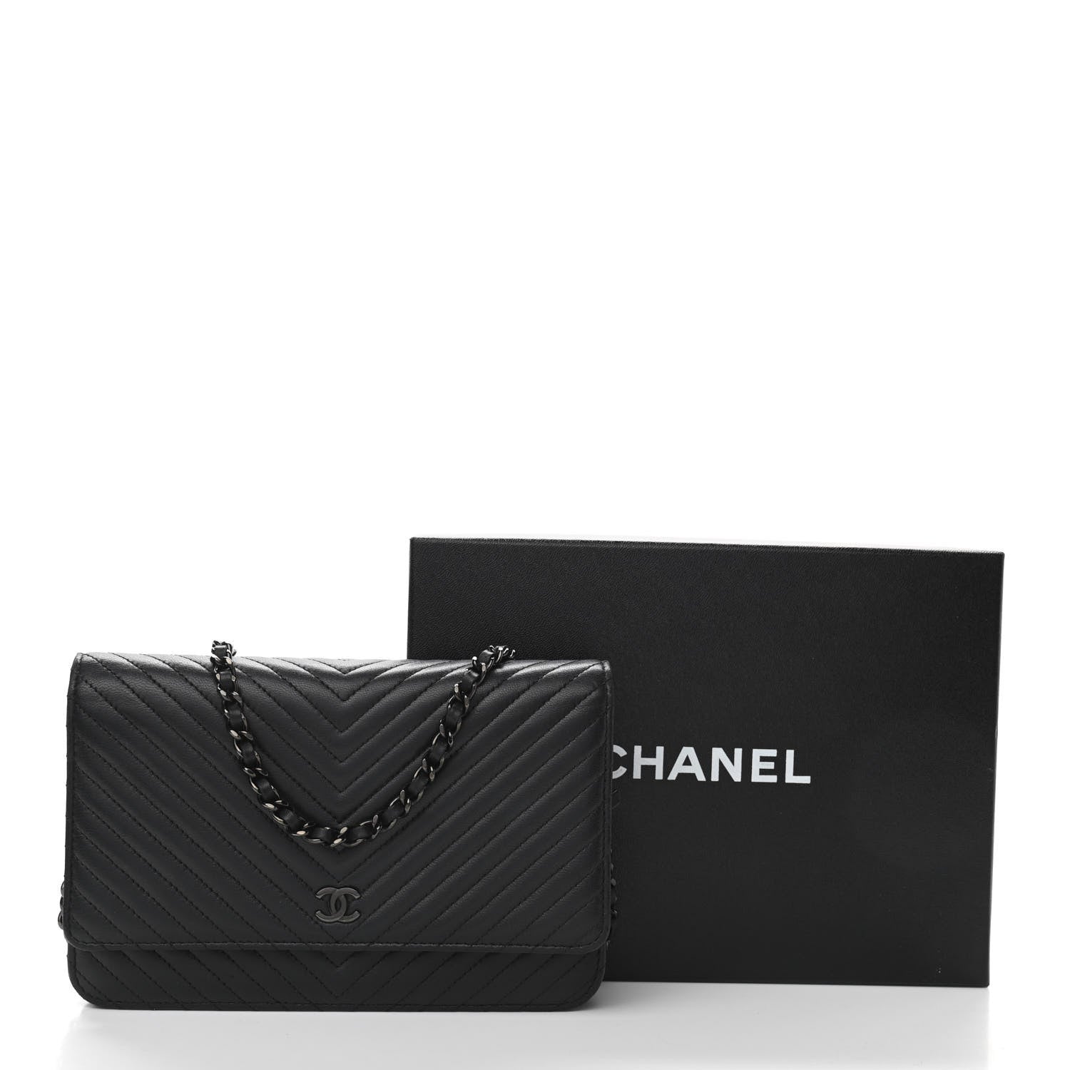 Chanel Lambskin Chevron Quilted Wallet On Chain WOC So Black 12 of 12