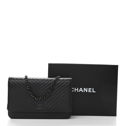 Chanel Lambskin Chevron Quilted Wallet On Chain WOC So Black 12 of 12