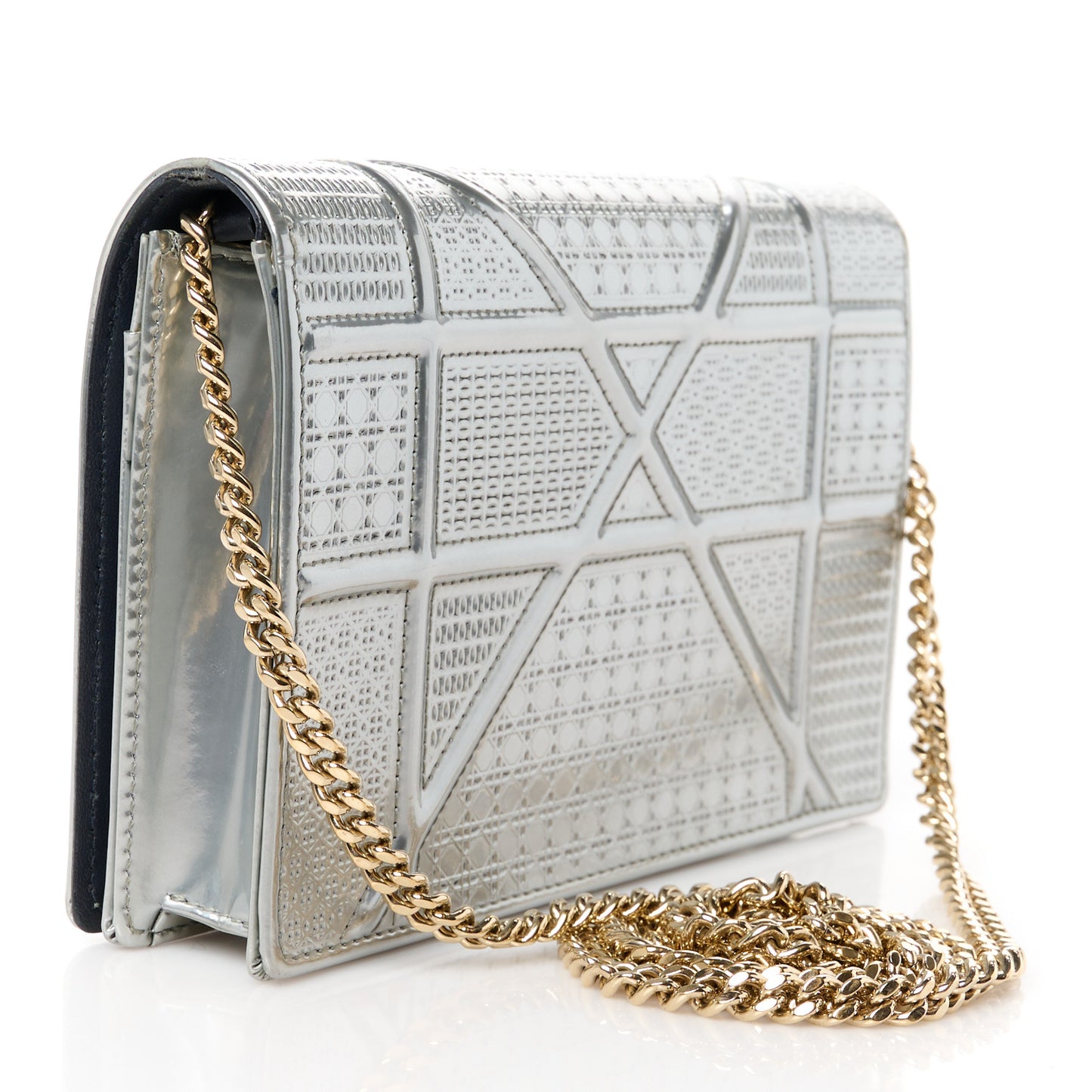 Metallic Patent Micro-Cannage Diorama Wallet on Chain Pouch Silver