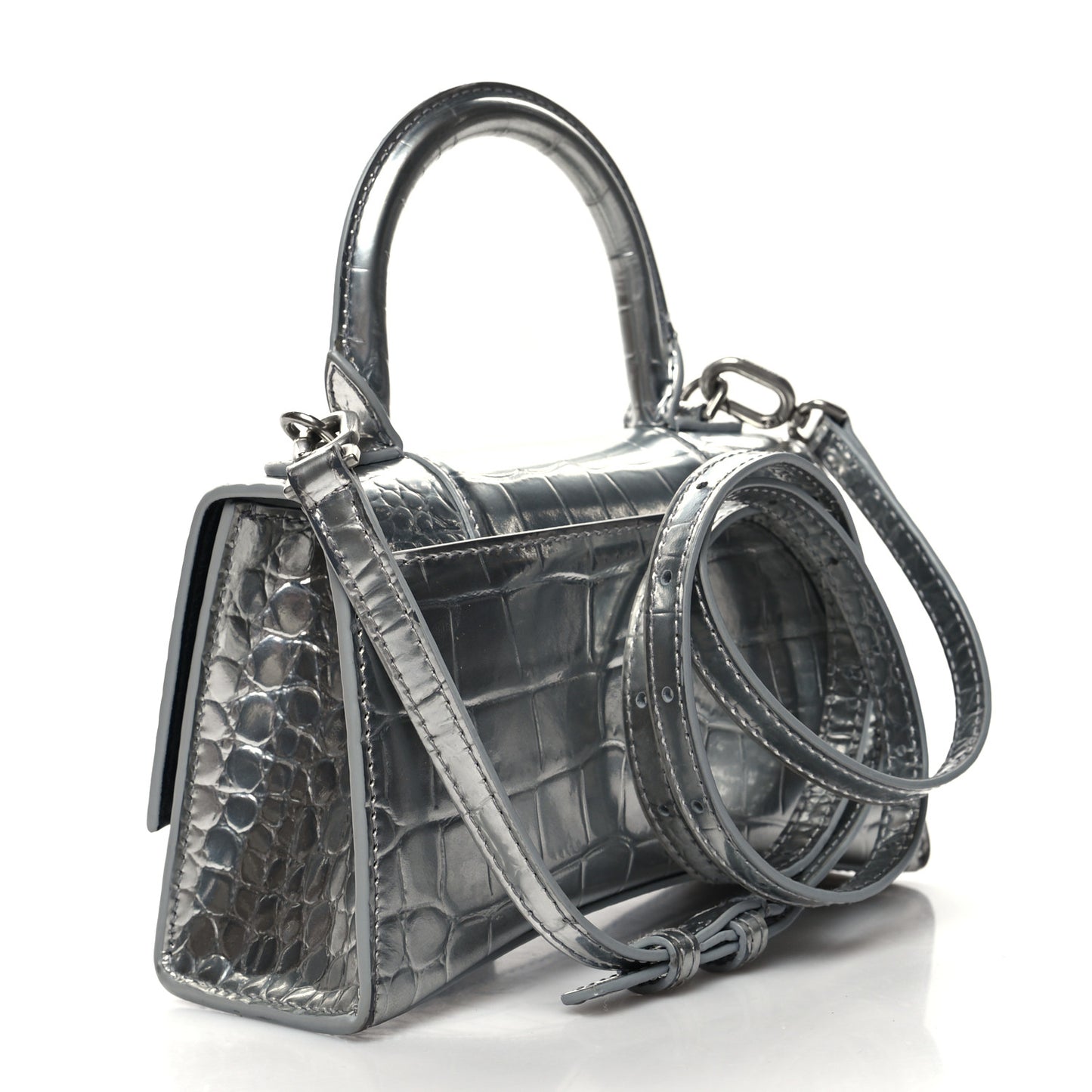 Metallic Calfskin Crocodile Embossed Crystal Hourglass Top Handle Bag XS Silver