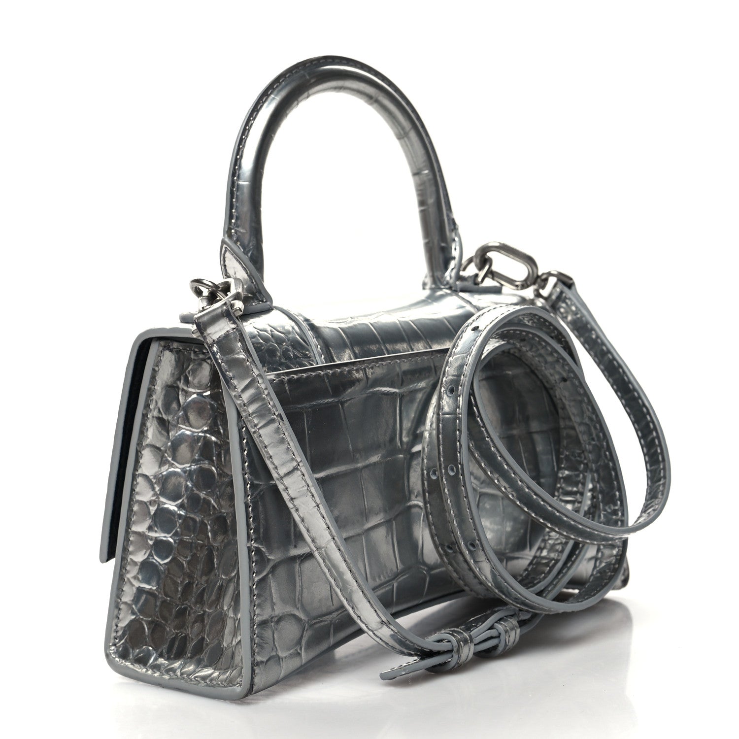 Balenciaga Metallic Calfskin Crocodile Embossed Crystal Hourglass Top Handle Bag XS Silver 3 of 12
