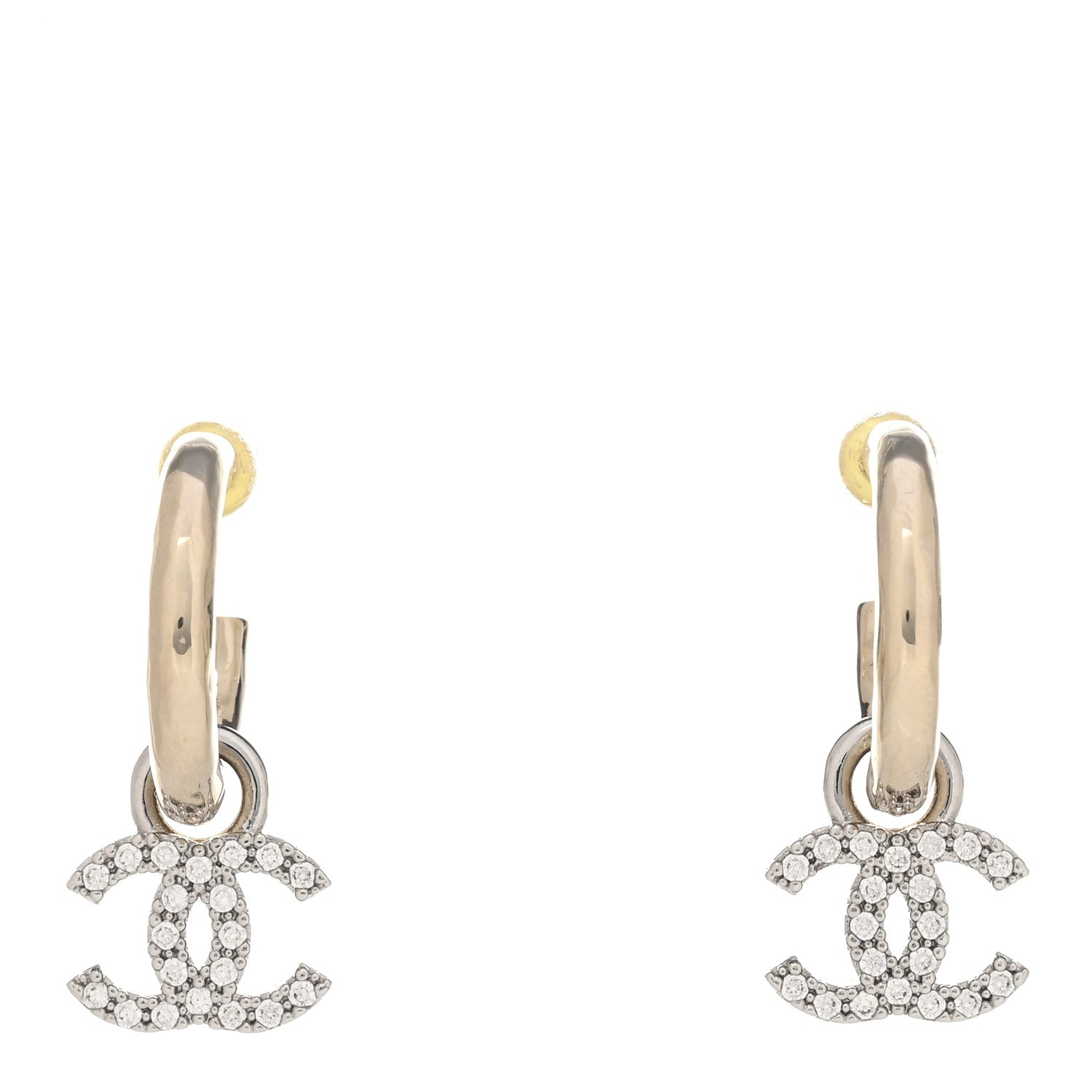 Chanel Metal Crystal CC Hoop Drop Earrings Gold 1 of 4