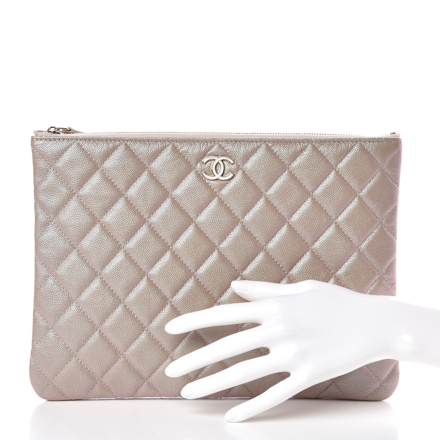 Iridescent Caviar Quilted Large Cosmetic Case Beige