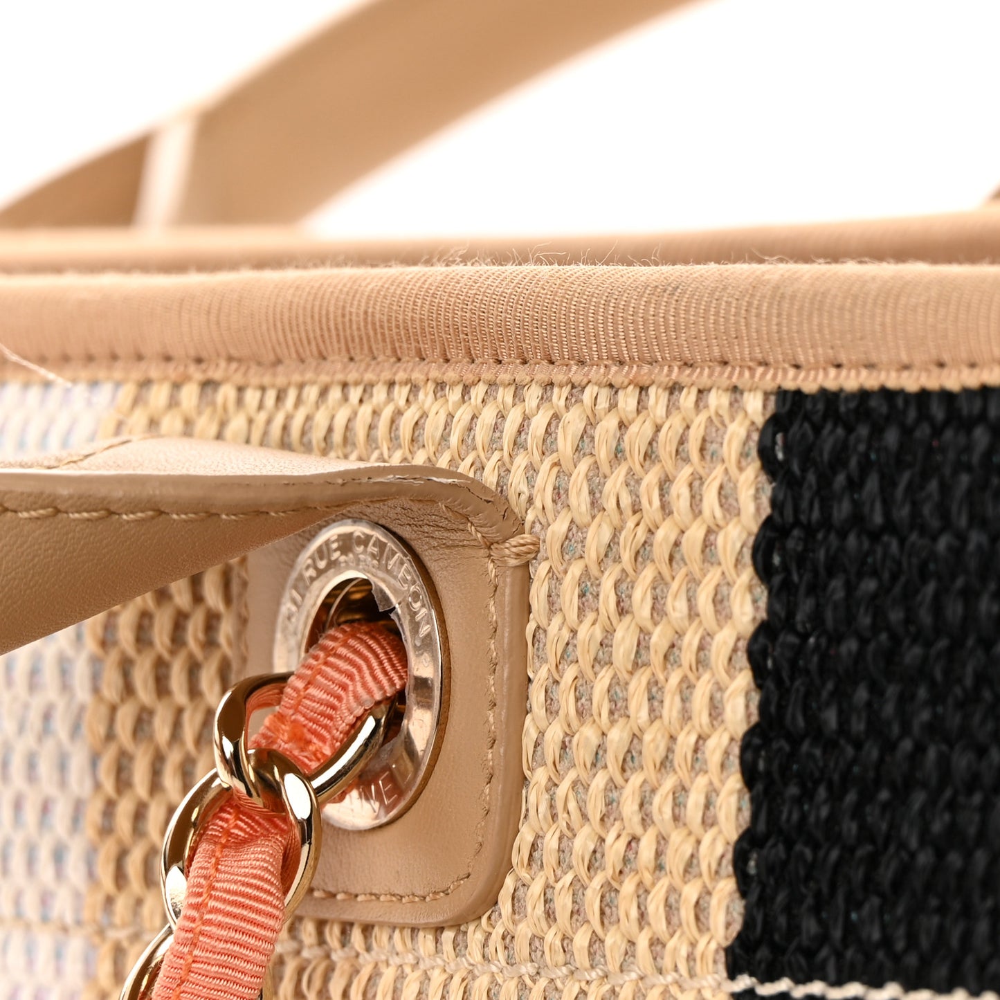 Straw Raffia Calfskin Striped Medium Deauville Tote Black Beige Ivory