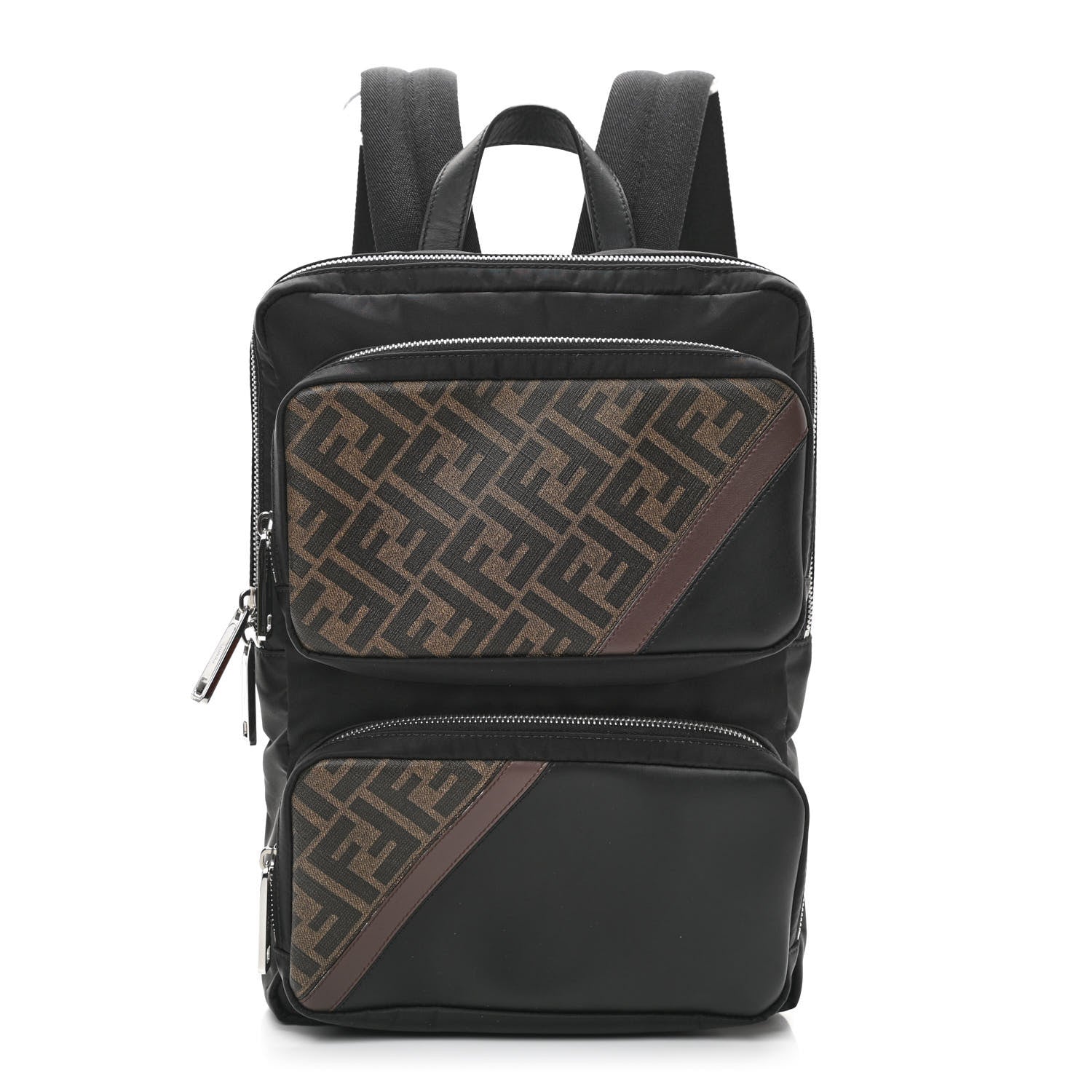 Fendi Nylon Glazed Fabric FF 1974 Diagonal Panelled Backpack Tobacco Moresco Black 1 of 10
