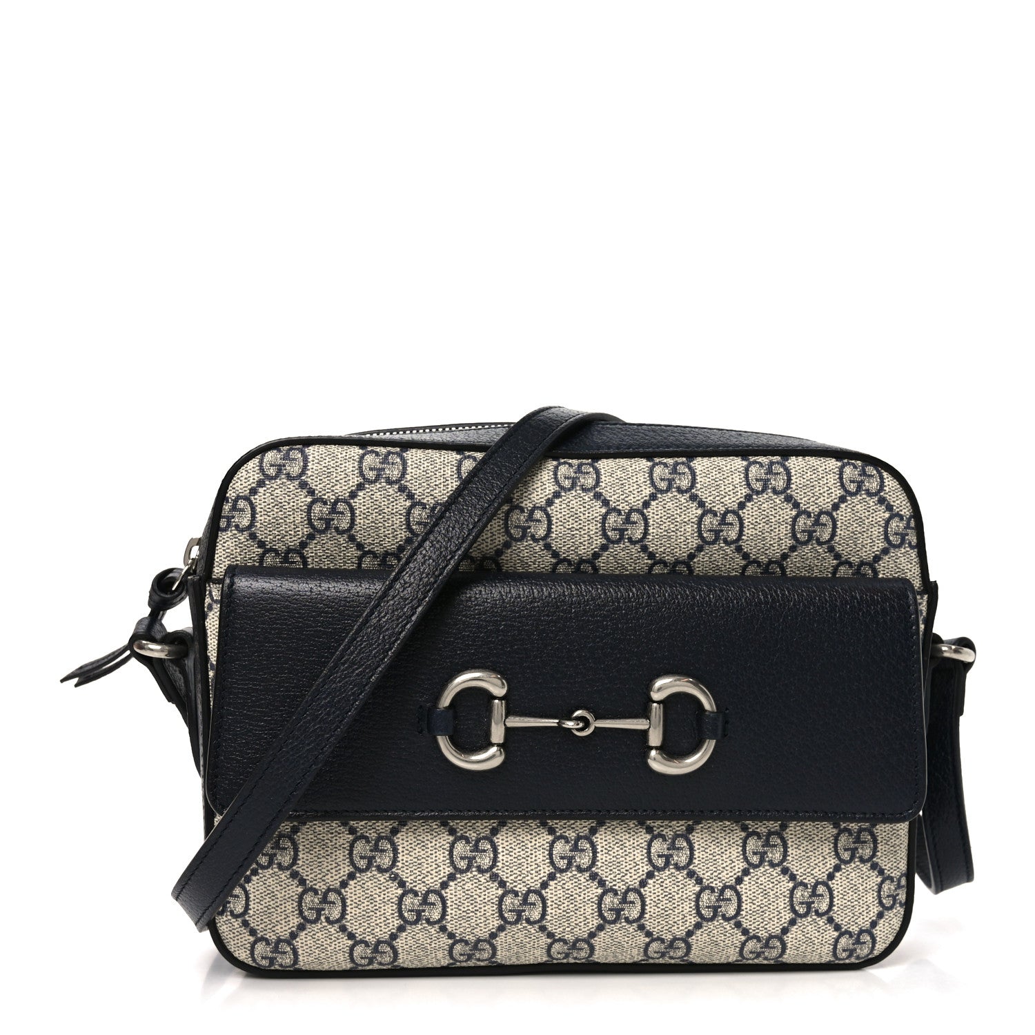 Gucci GG Supreme Monogram Textured Dollar Calfskin Small Horsebit 1955 Shoulder Bag Beige Blue 1 of 10