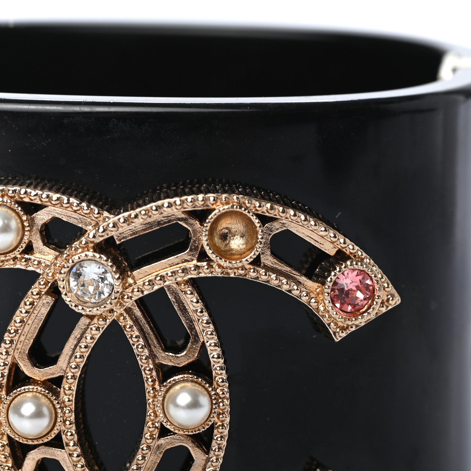 Chanel Resin Crystal Pearl CC Cuff Bracelet Black Gold 5 of 5