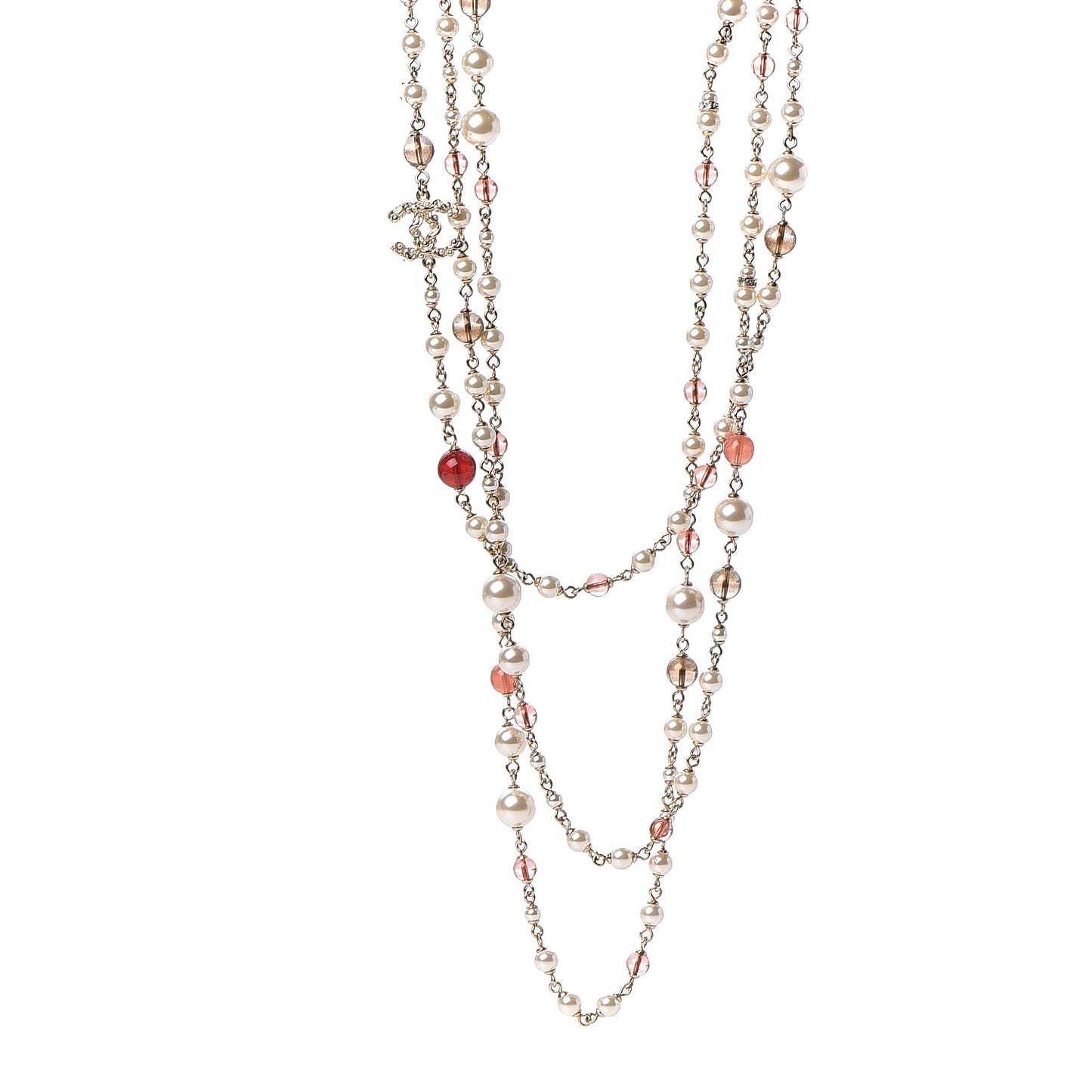 Pearl Bead Multi Strand CC Long Necklace Gold