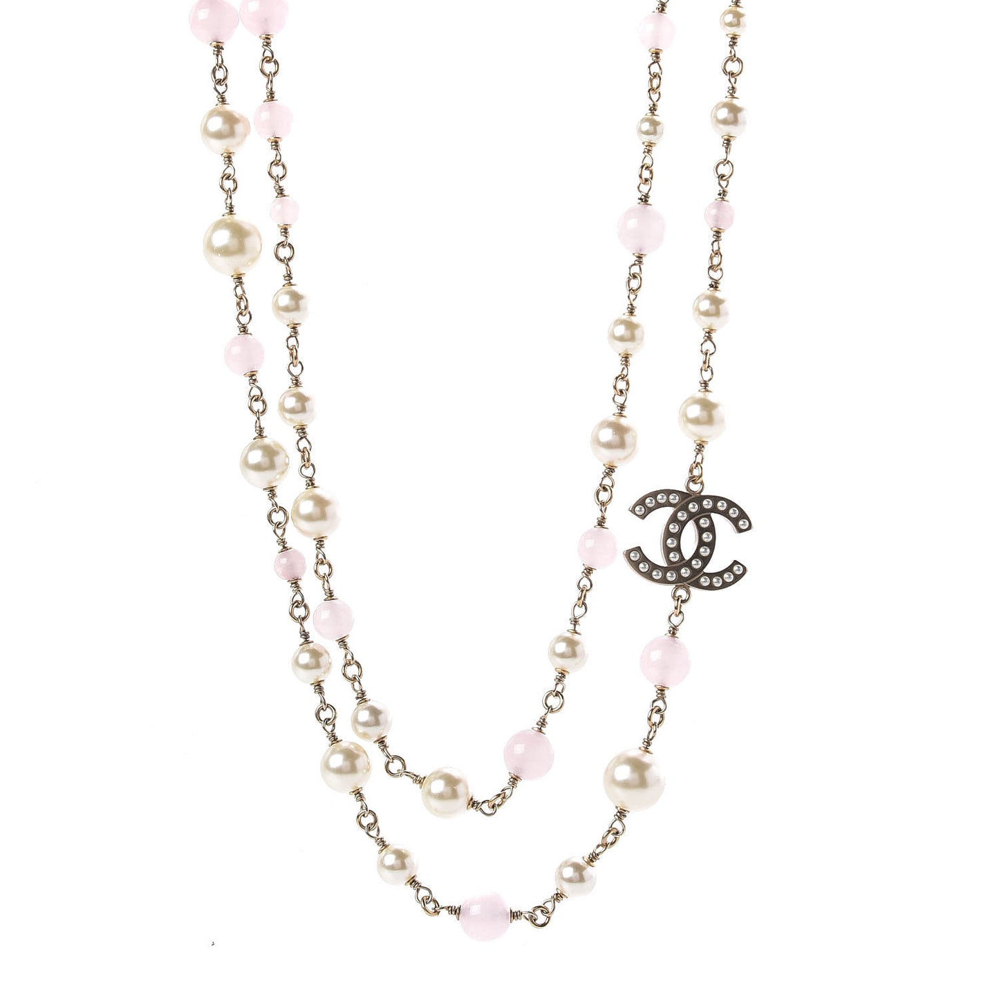 Pearl Beaded Enamel CC Long Necklace Gold Pink
