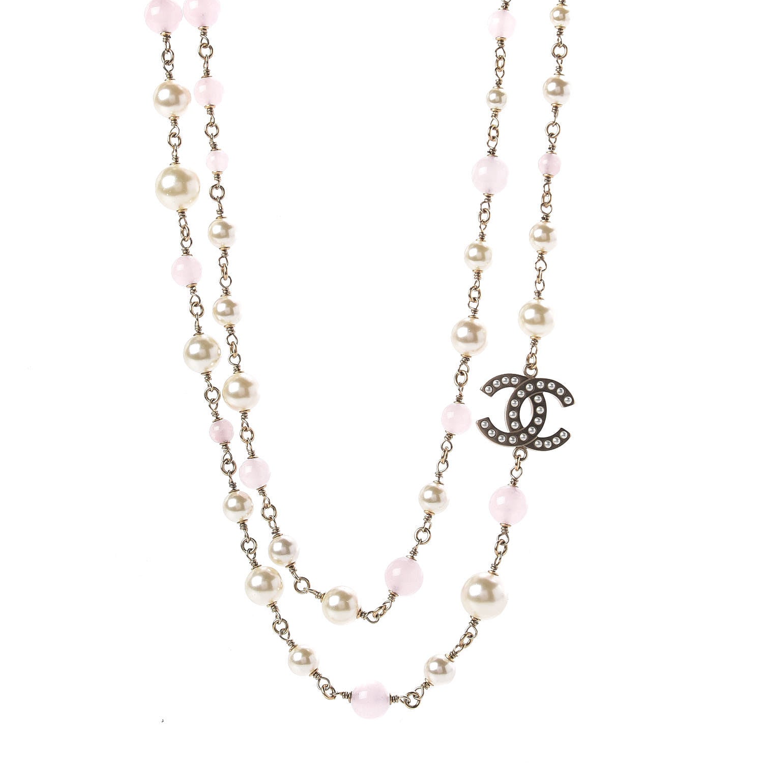 Chanel Pearl Beaded Enamel CC Long Necklace Gold Pink 1 of 5