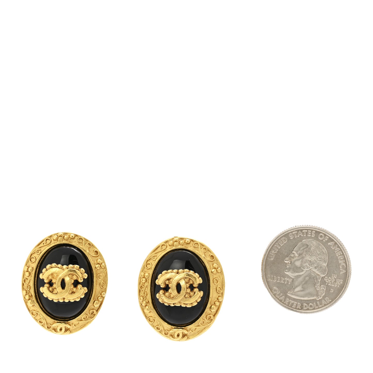 Enamel CC Oval Clip On Earrings Gold Black