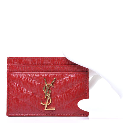 Saint Laurent Grain De Poudre Matelasse Chevron Monogram Credit Card Case New Red 2 of 9