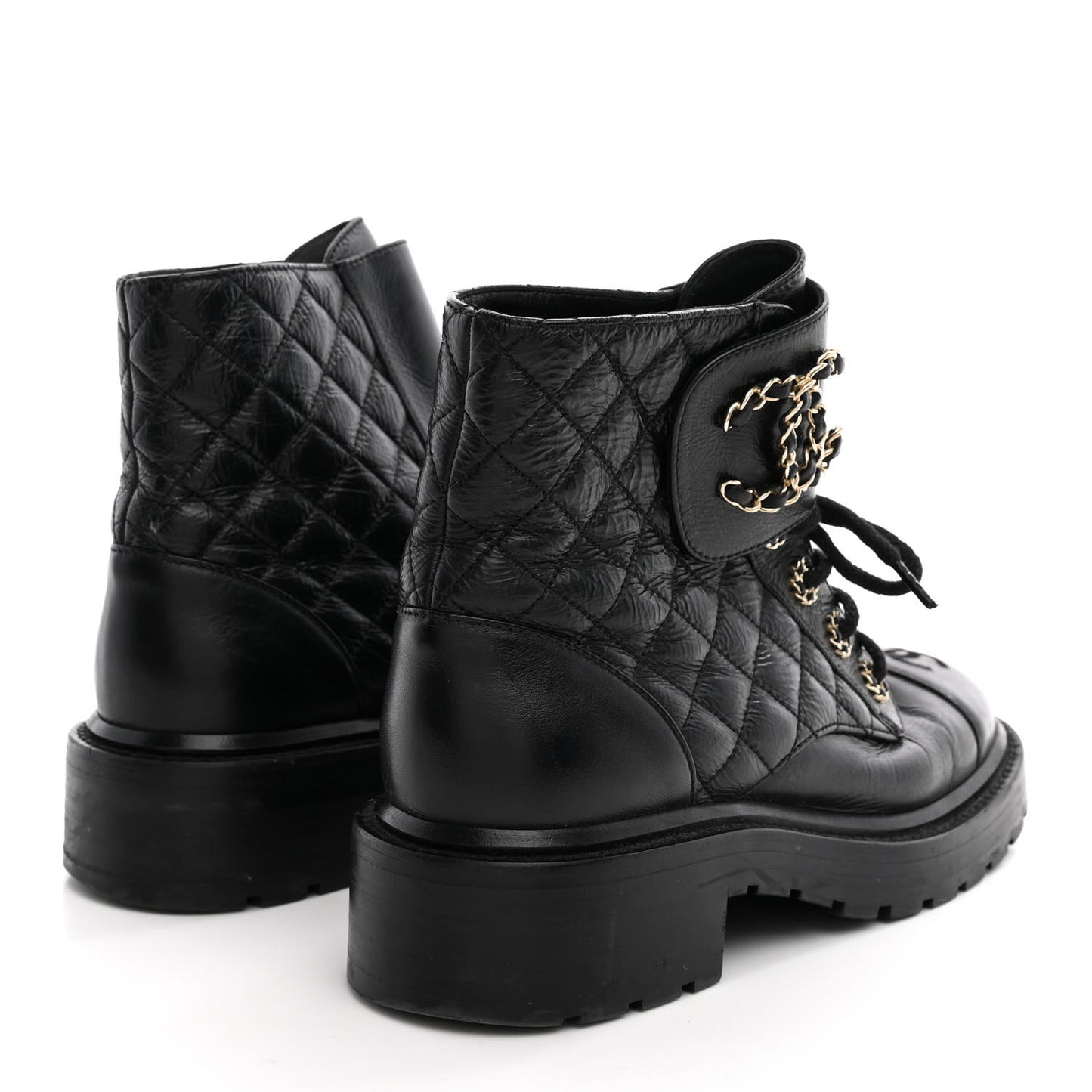 Shiny Calfskin Quilted Lace Up Combat Boots 37 Black