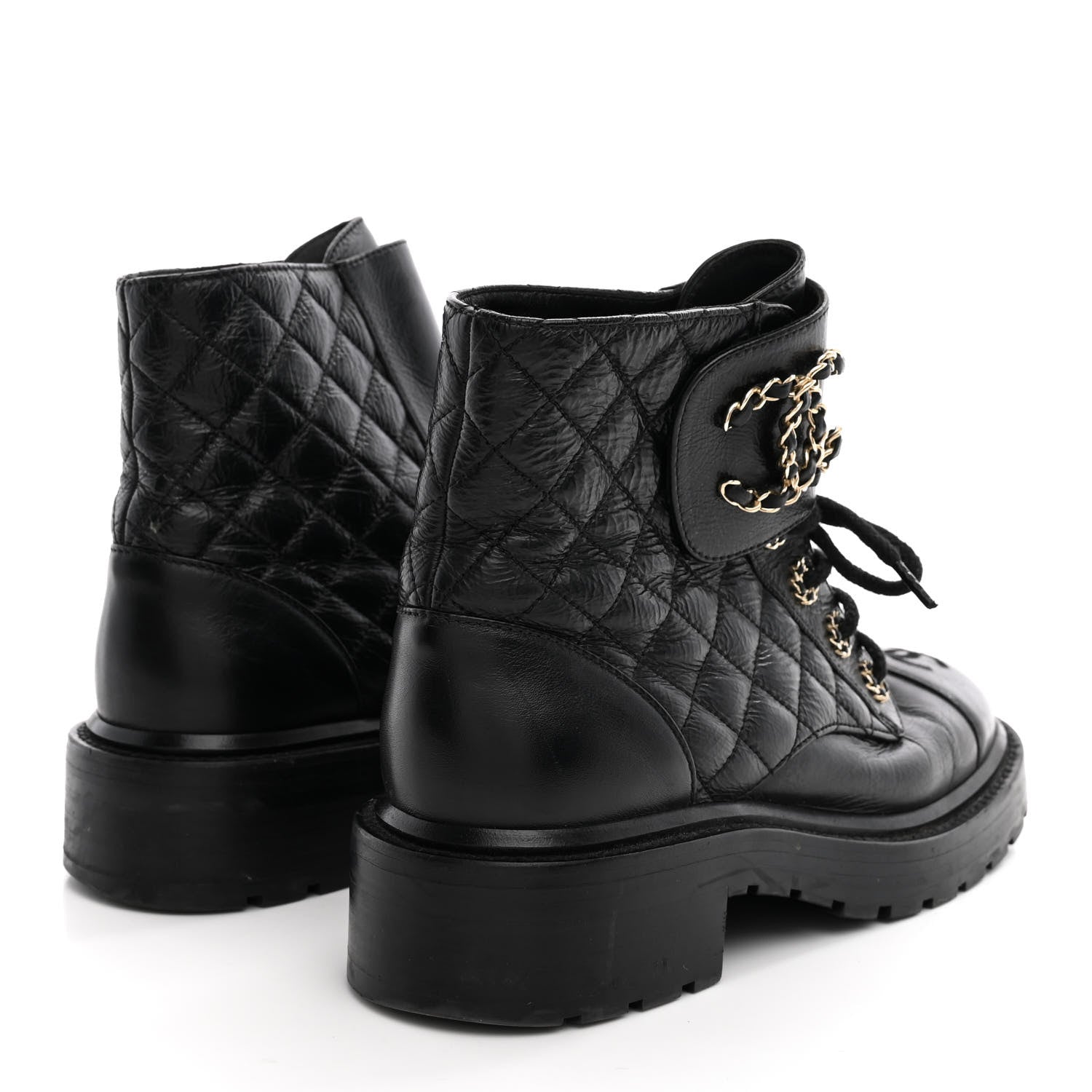 Chanel Shiny Calfskin Quilted Lace Up Combat Boots 37 Black 5 of 12