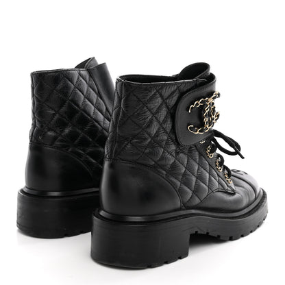 Chanel Shiny Calfskin Quilted Lace Up Combat Boots 37 Black 5 of 12