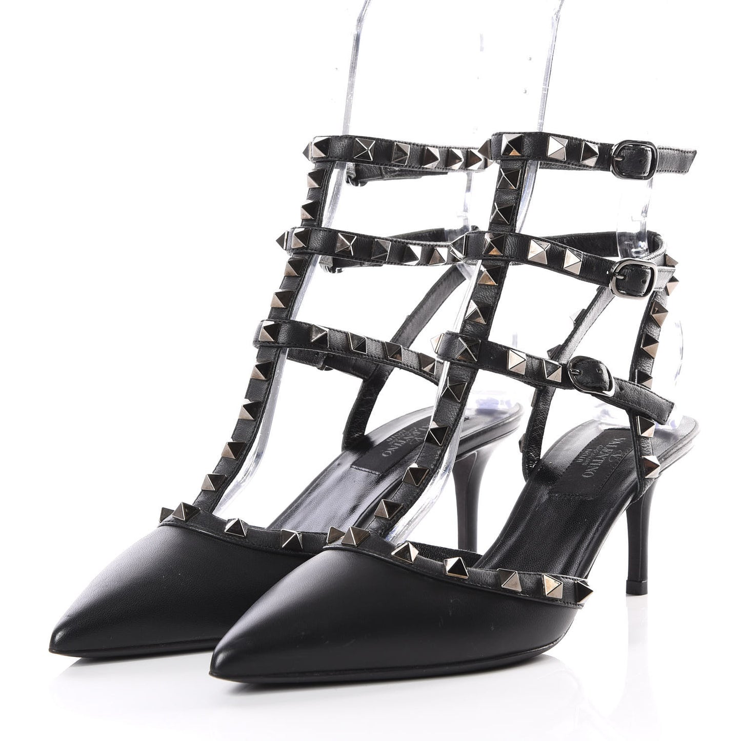 Nappa Rockstud Ankle Strap Low Heel Pumps 37 Black
