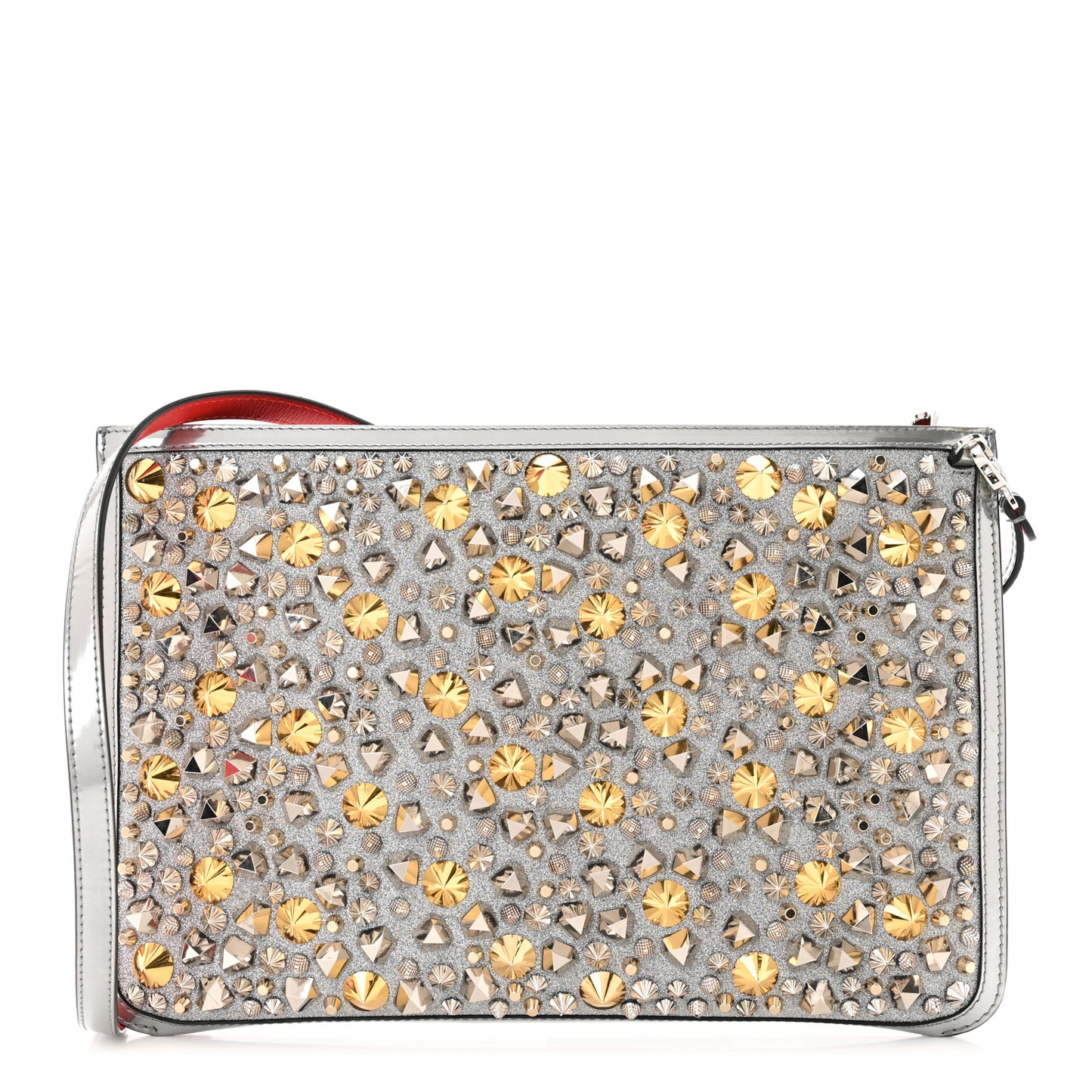 Patent Calfskin Glitter Studded Loubiclutch Crossbody Clutch Silver
