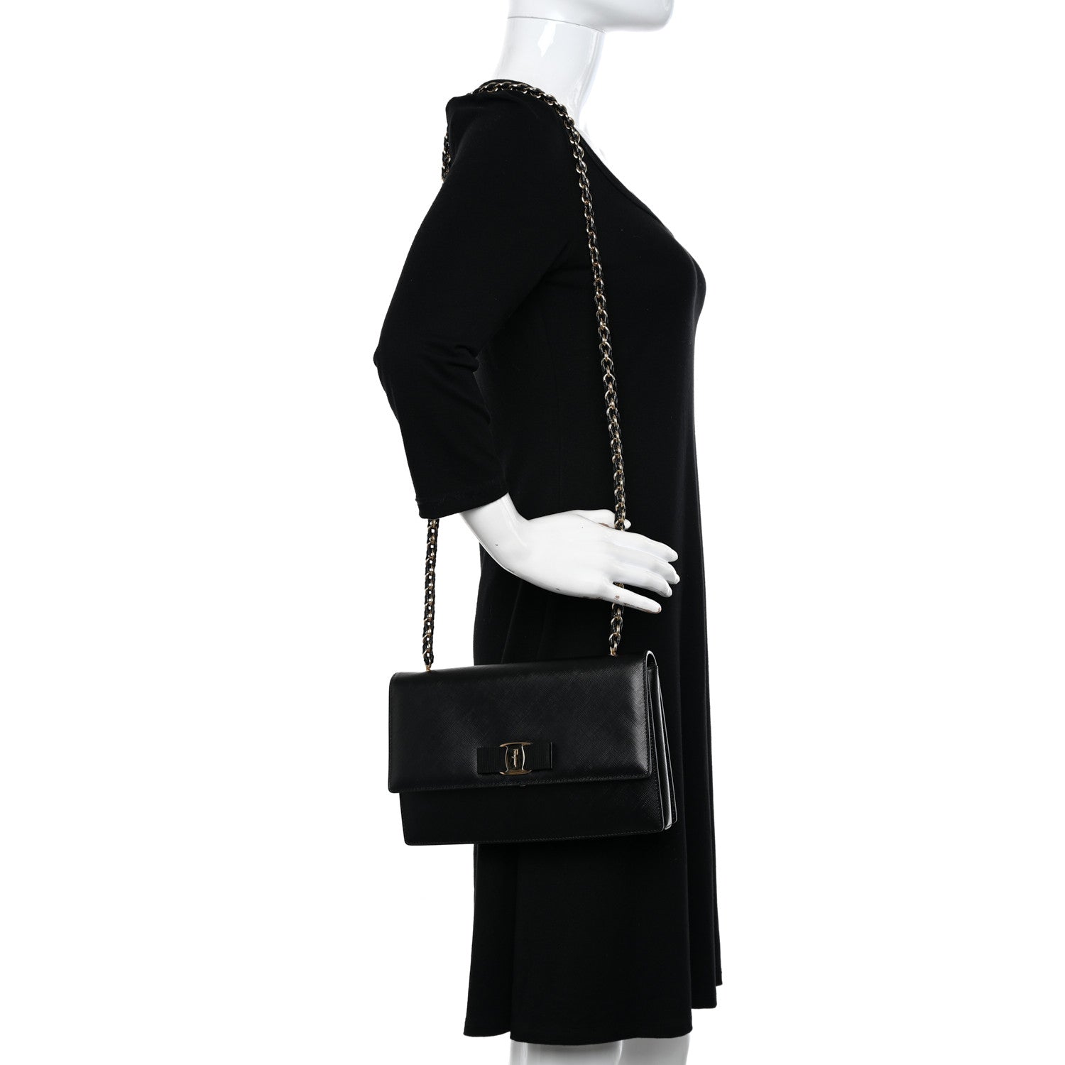 Salvatore Ferragamo Printed Calfskin Vara Bow Chain Flap Crossbody Black 2 of 9