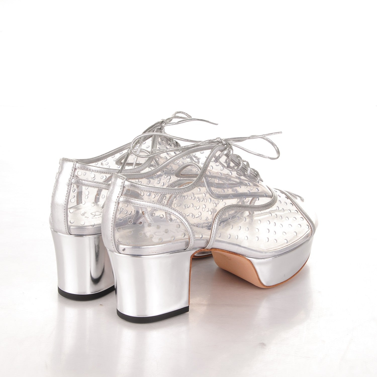 Chanel Metallic Calfskin PVC Cap Toe Lace Up Platform Heels 37.5 Silver 4 of 7