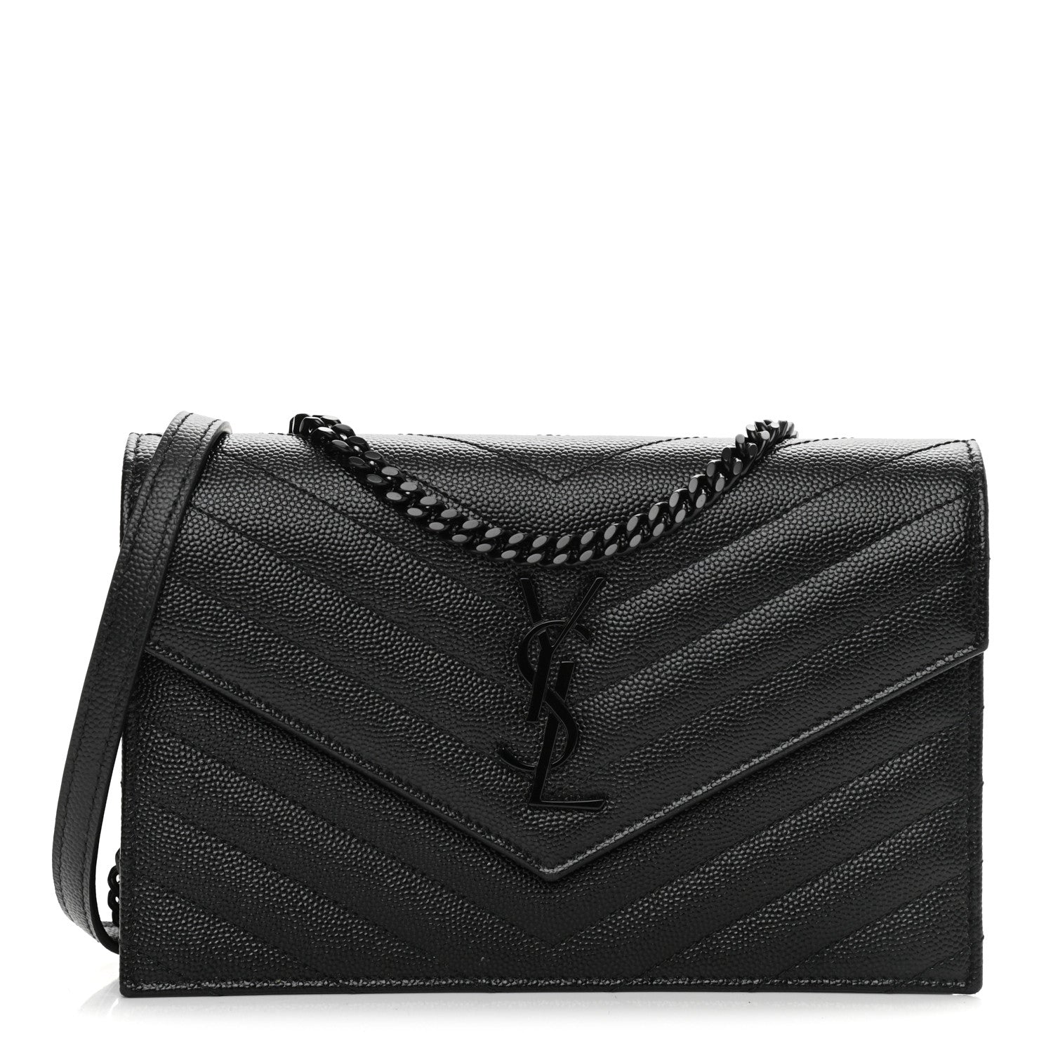 Saint Laurent Grain De Poudre Matelasse Chevron Monogram Monochrome Envelope Chain Wallet Black 1 of 9