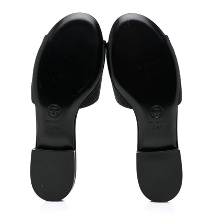 Chanel Grosgrain Quilted Camellia CC Slides 37.5 Black White 5 of 10