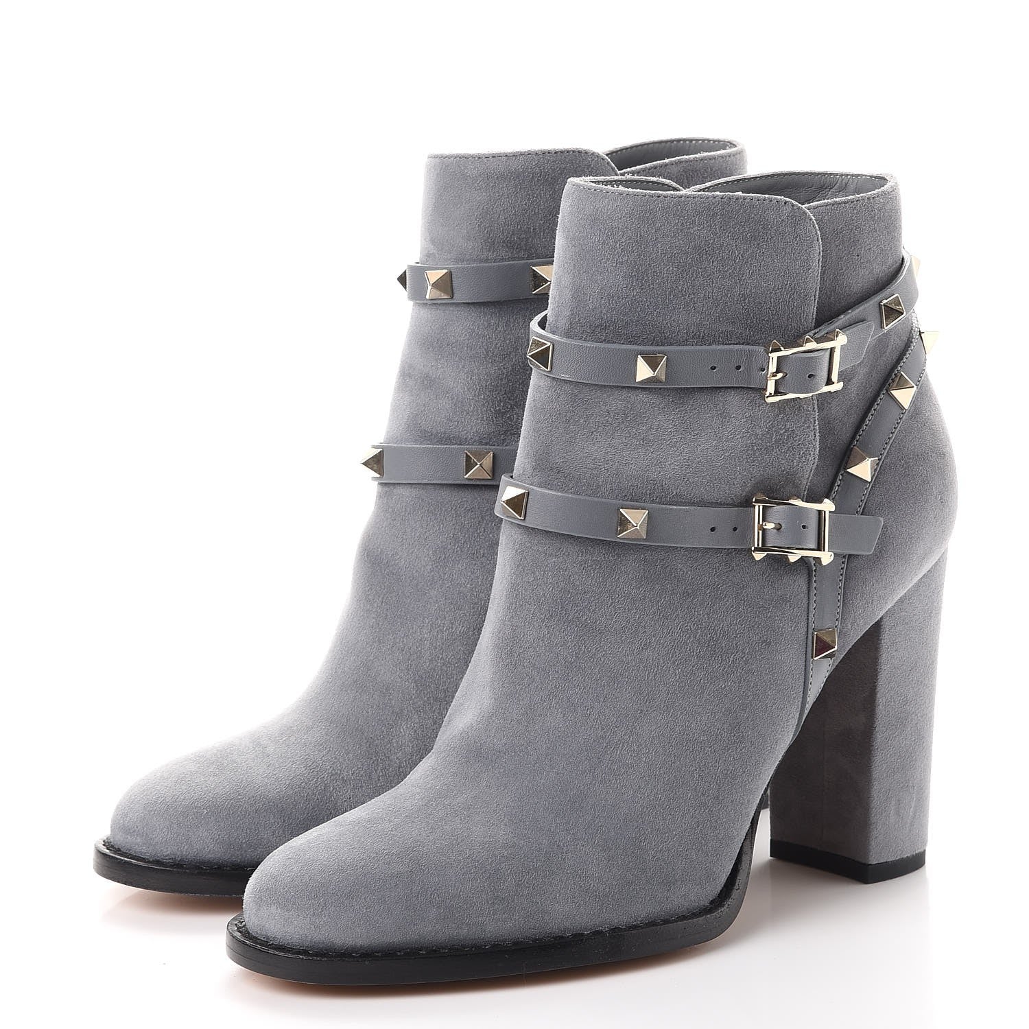 Valentino Garavani Suede Rockstud Double Buckle 100mm Block Heel Ankle Boots 38.5 Light Stone 3 of 14