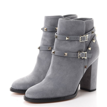 Valentino Garavani Suede Rockstud Double Buckle 100mm Block Heel Ankle Boots 38.5 Light Stone 3 of 14
