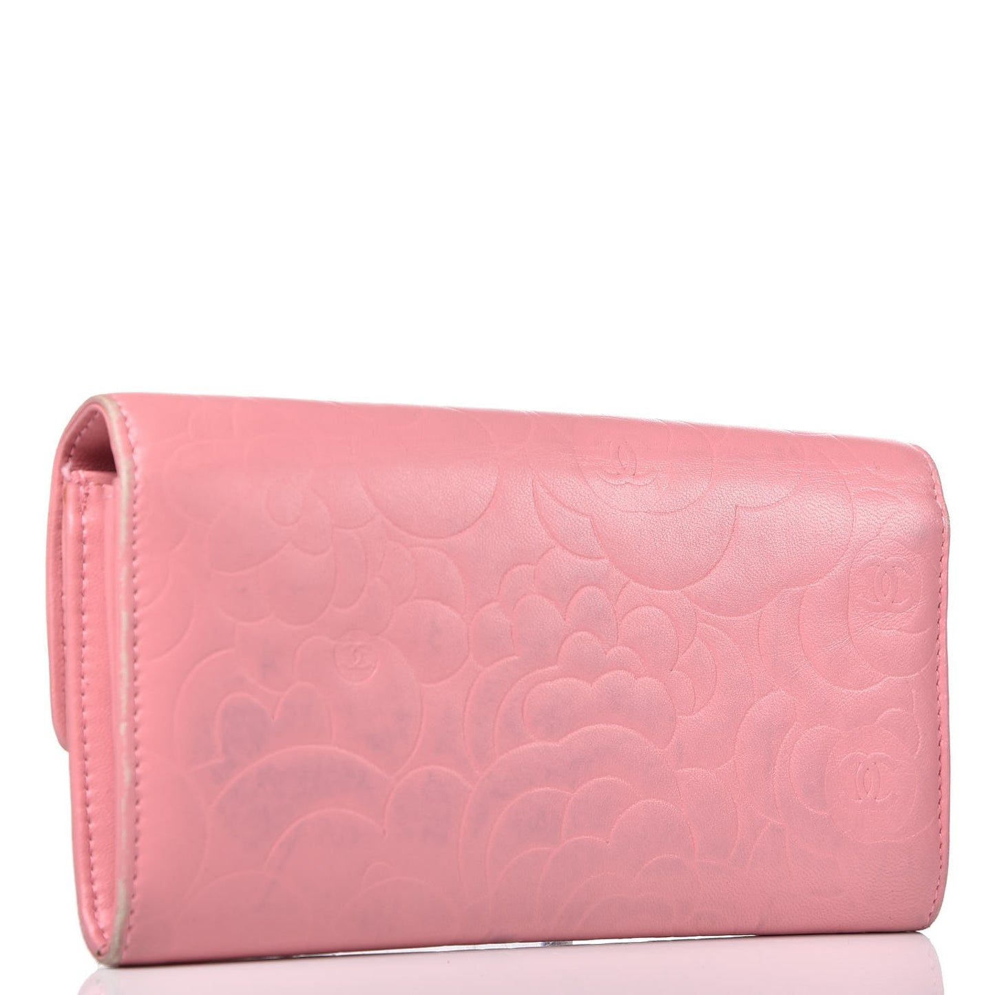 Lambskin Embossed Camellia Large Gusset Flap Wallet Pink