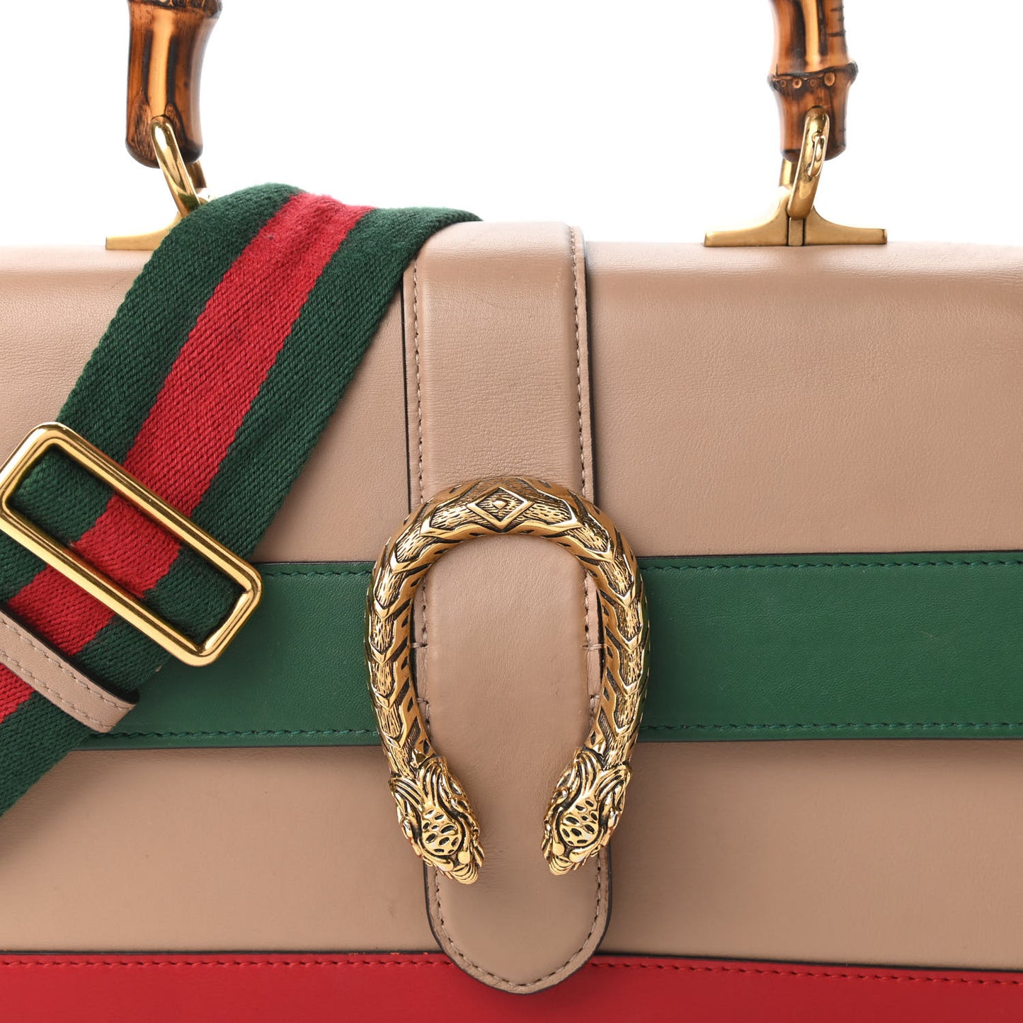 Calfskin Bamboo Web Medium Dionysus Top Handle Bag Camelia Bright Evergreen Hibiscus Red