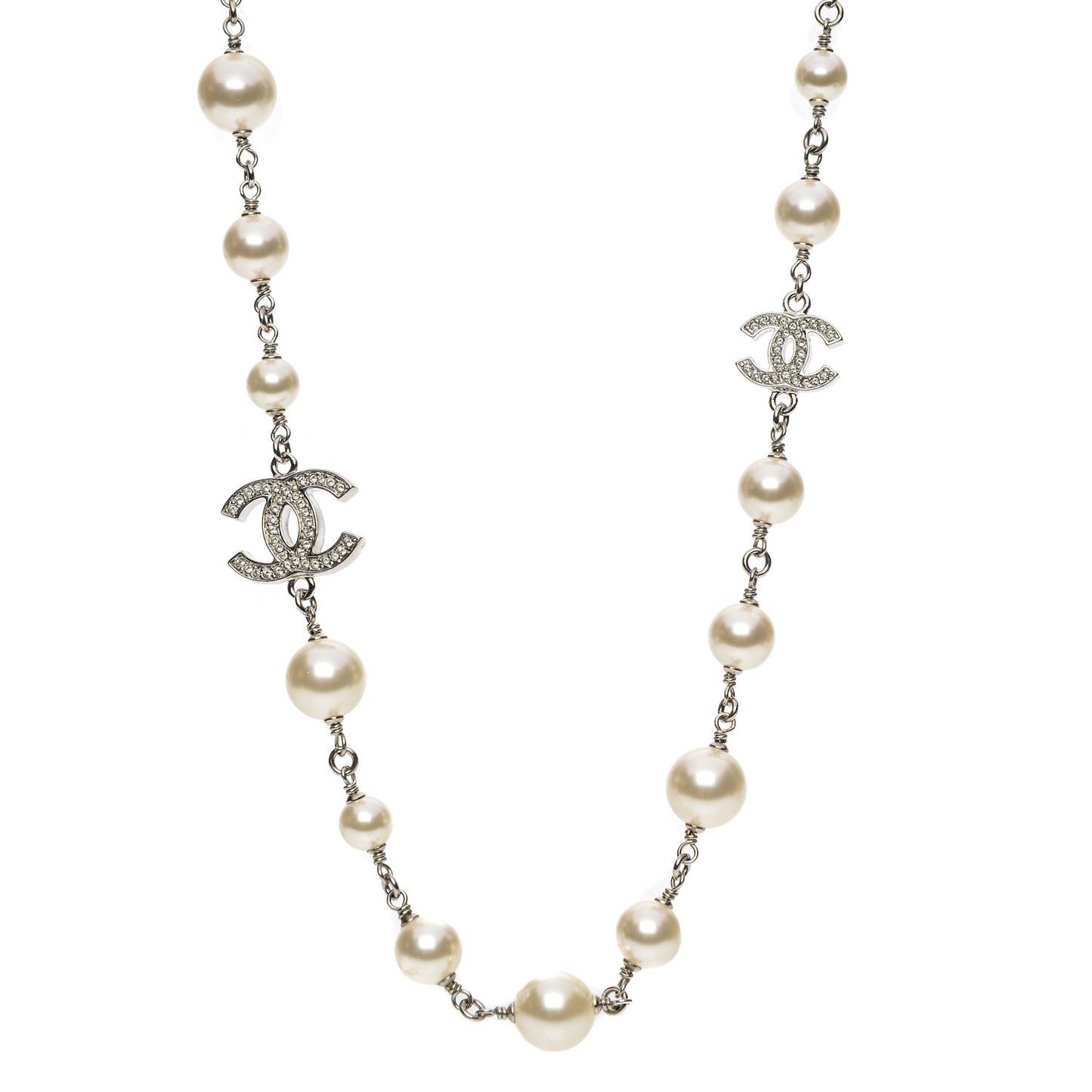 Crystal Pearl CC Long Necklace Silver