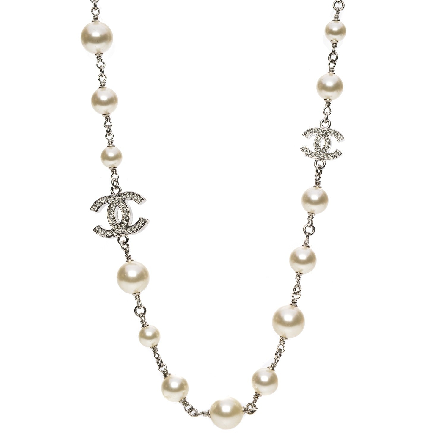 Chanel Crystal Pearl CC Long Necklace Silver 1 of 6