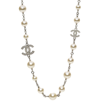 Chanel Crystal Pearl CC Long Necklace Silver 1 of 6