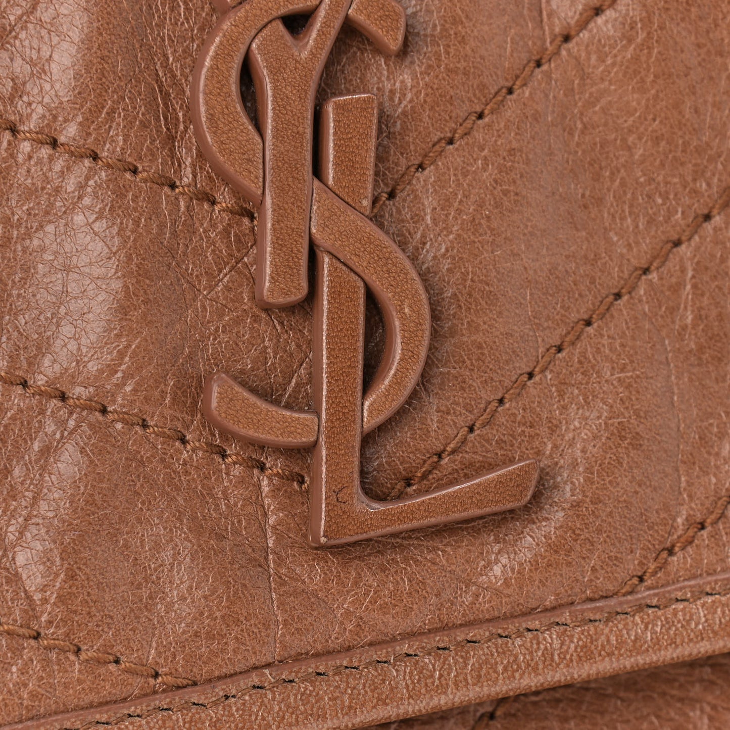 Crinkled Calfskin Matelasse Monogram Medium Niki Chain Satchel Caramel