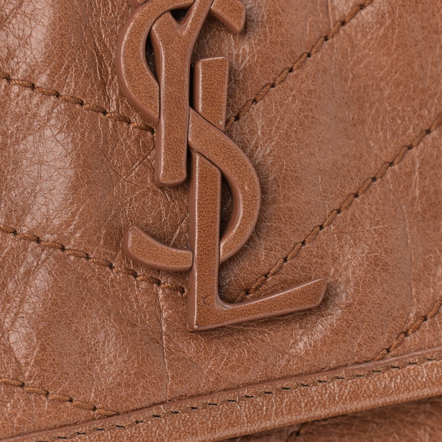 Saint Laurent Crinkled Calfskin Matelasse Monogram Medium Niki Chain Satchel Caramel 14 of 14