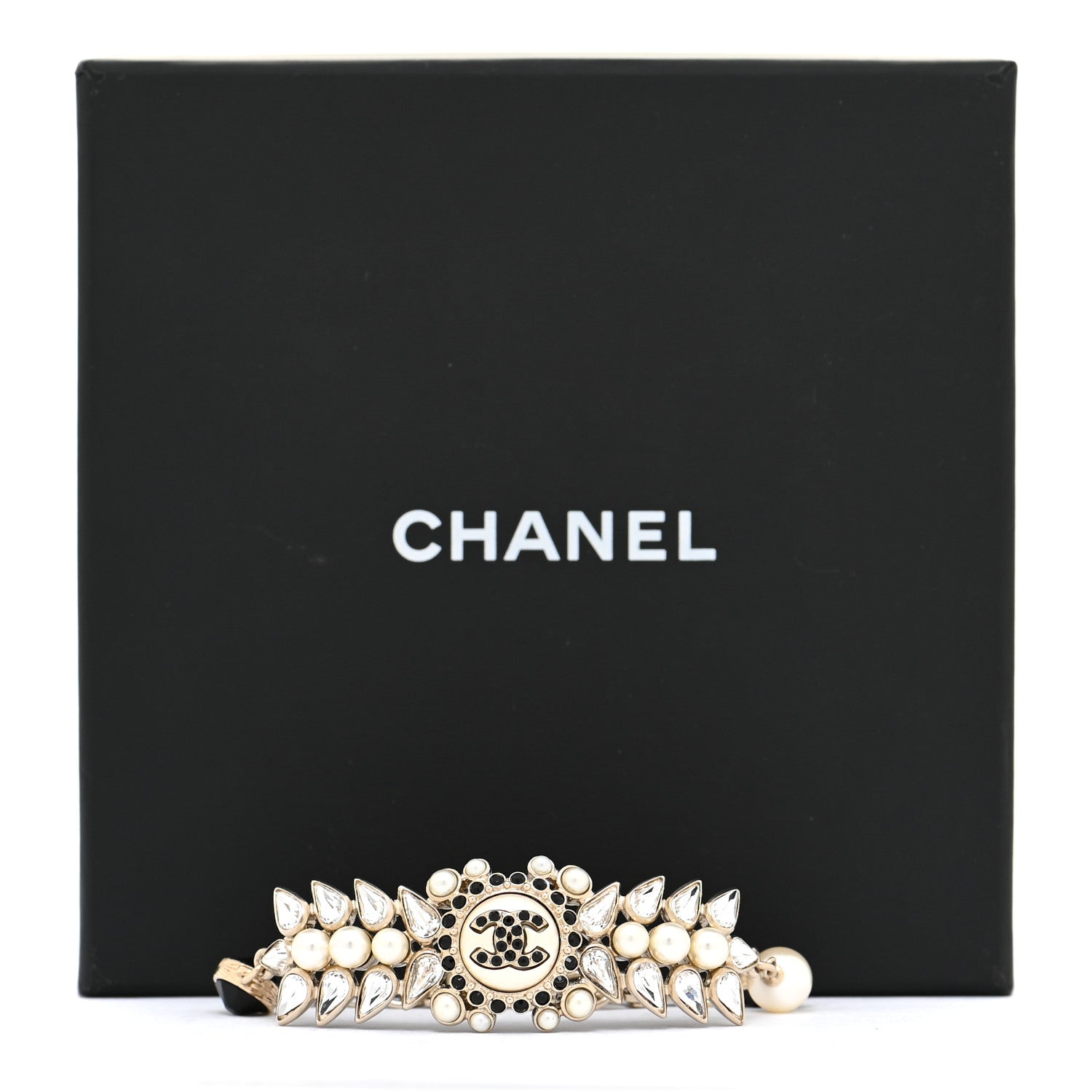 Chanel Pearl Crystal Beaded CC Bracelet Black Gold 4 of 5