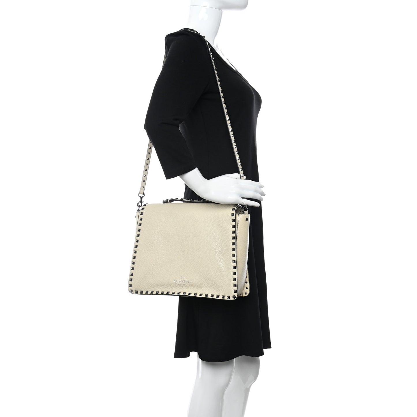 Grained Calfskin Rockstud Top Handle Flap Shoulder Bag Light Ivory