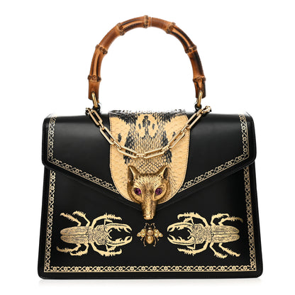 Gucci Glossy Calfskin Snakeskin Beetle Print Large Fox Broche Bamboo Top Handle Bag Black 1 of 10