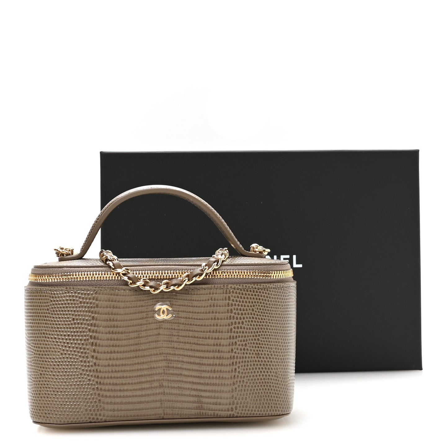 Calfskin Lizard Embossed Top Handle Vanity With Chain Dark Khaki