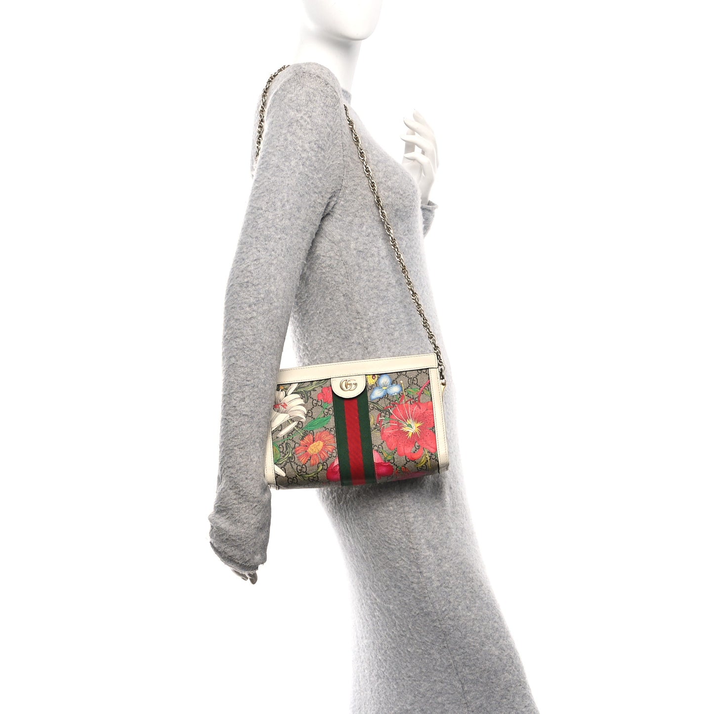 GG Supreme Monogram Flora Web Small Ophidia Chain Shoulder Bag White