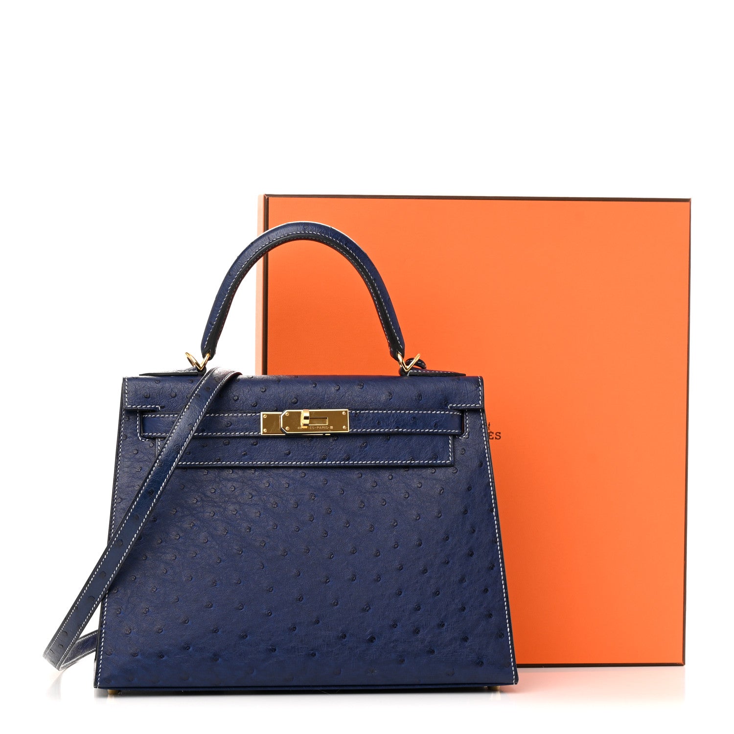 Hermes Ostrich Horseshoe Kelly Sellier 28 Bleu Iris 11 of 11