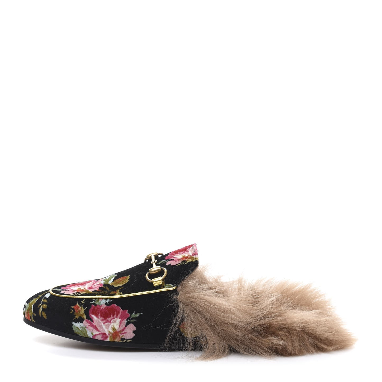 Velvet Fur Floral Womens Princetown Slippers 37 Black