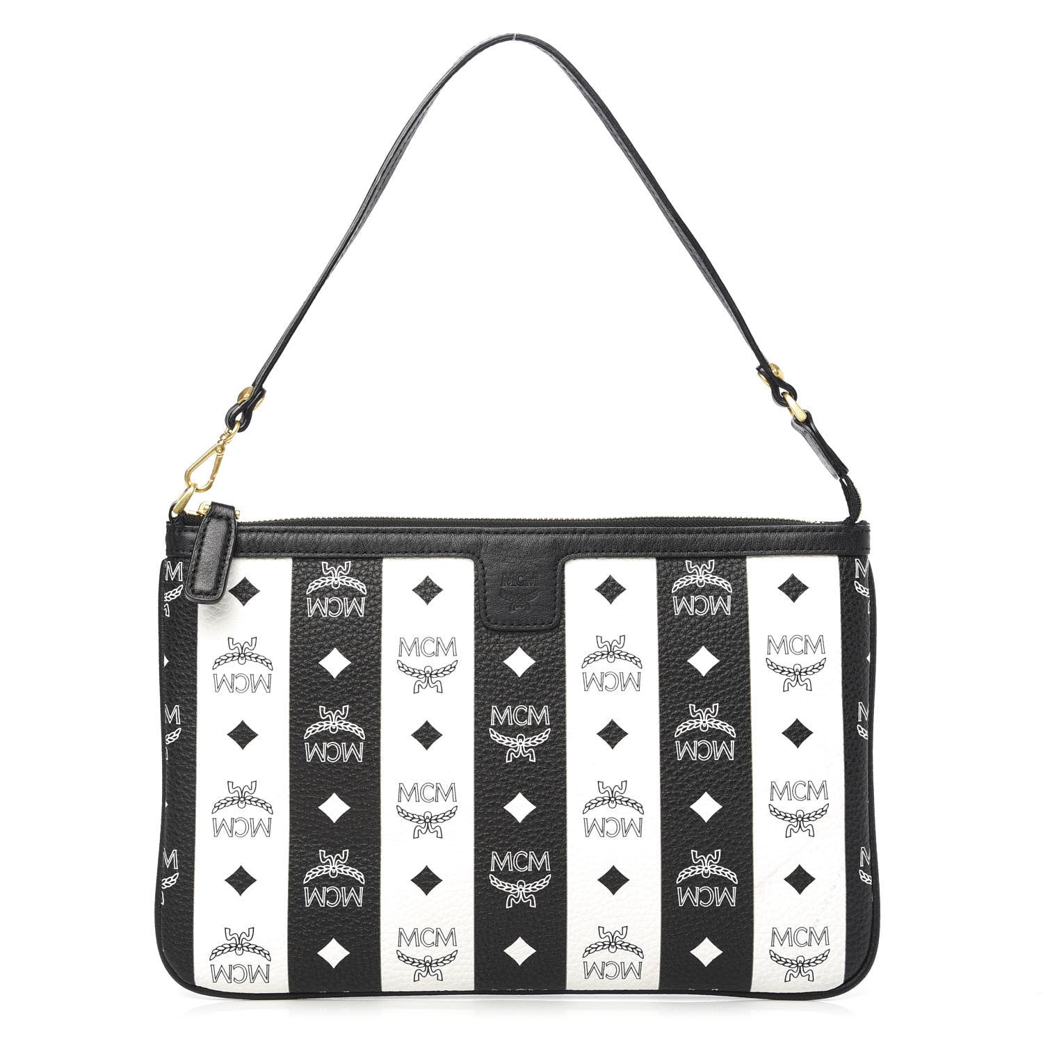 MCM Visetos Striped Liz Shopper Tote Pouch Black White 1 of 10